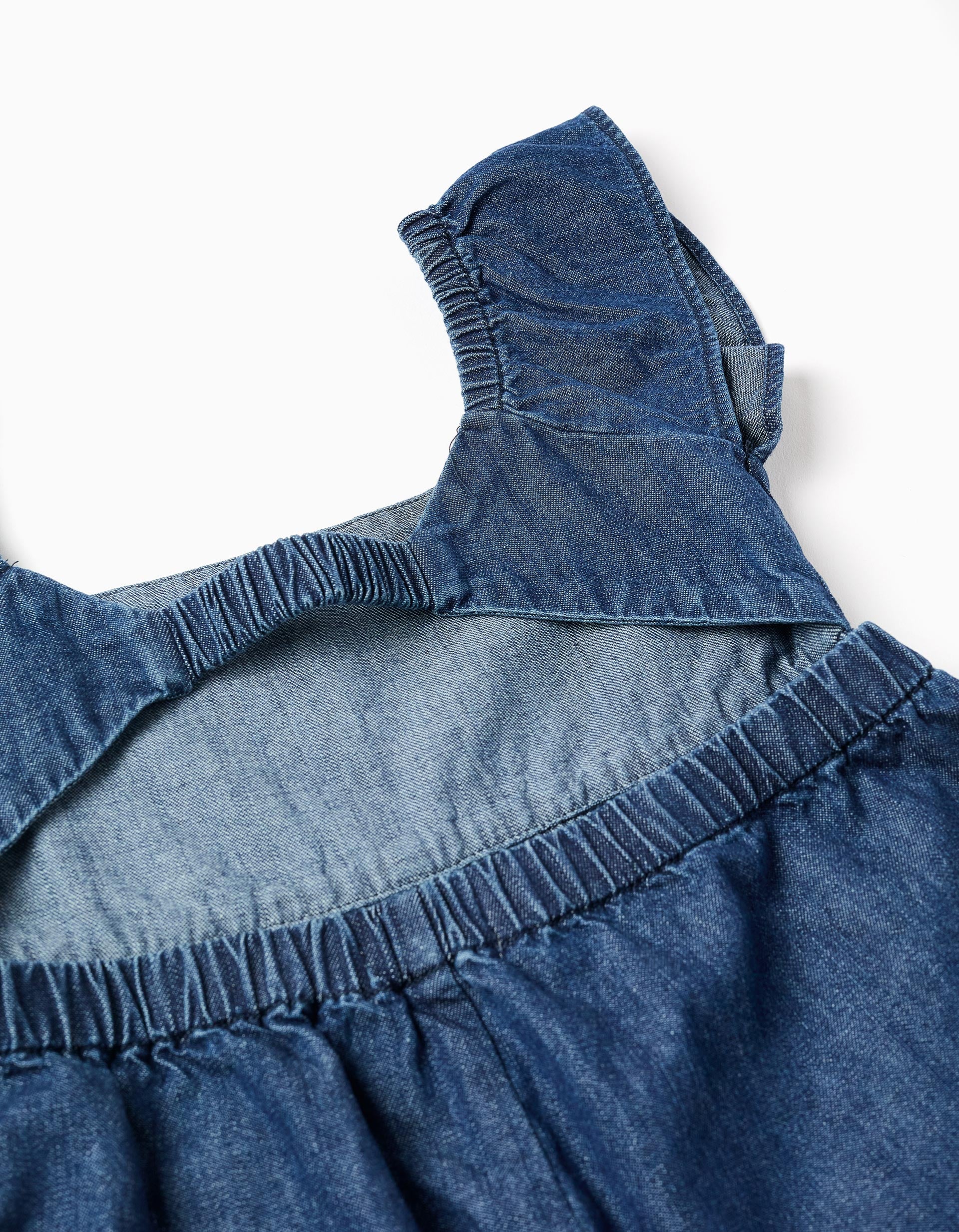 Macacão curto de ganga com mangas com folhos para menina, azul-escuro