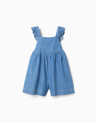 Macacão curto de ganga com alças com folhos para bebé menina, azul