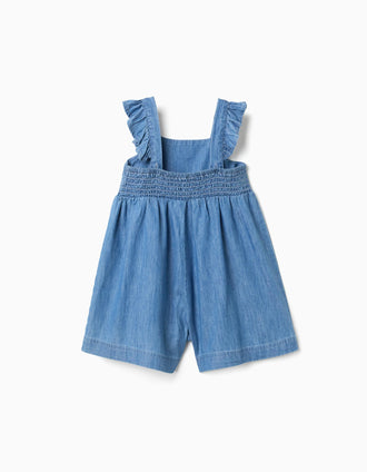 Macacão curto de ganga com alças com folhos para bebé menina, azul