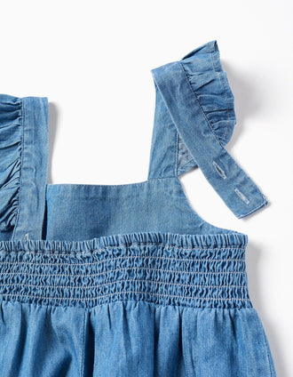 Macacão curto de ganga com alças com folhos para bebé menina, azul