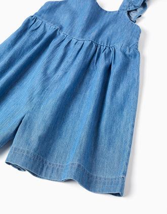 Macacão curto de ganga com alças com folhos para bebé menina, azul