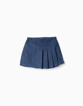 Jupe-short en jean avec plis à l'avant pour fille, bleu foncé