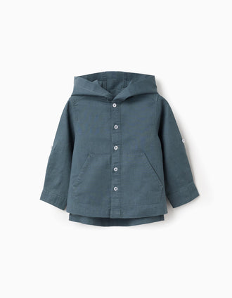 Camisa de manga comprida em linho com capuz para bebé menino, azul-cinza