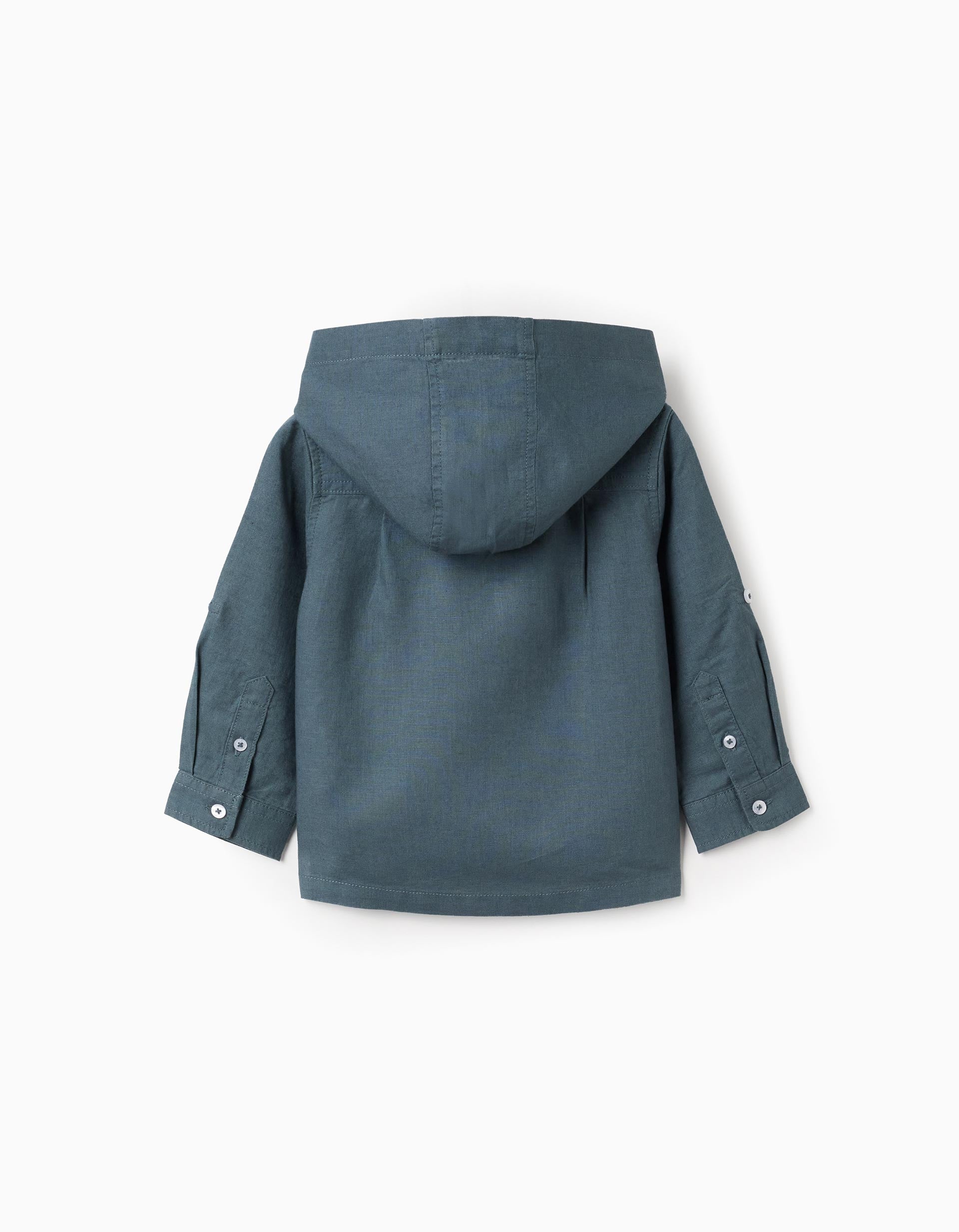Camisa de manga comprida em linho com capuz para bebé menino, azul-cinza