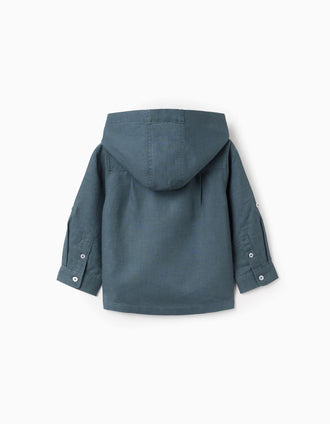 Camisa de manga comprida em linho com capuz para bebé menino, azul-cinza