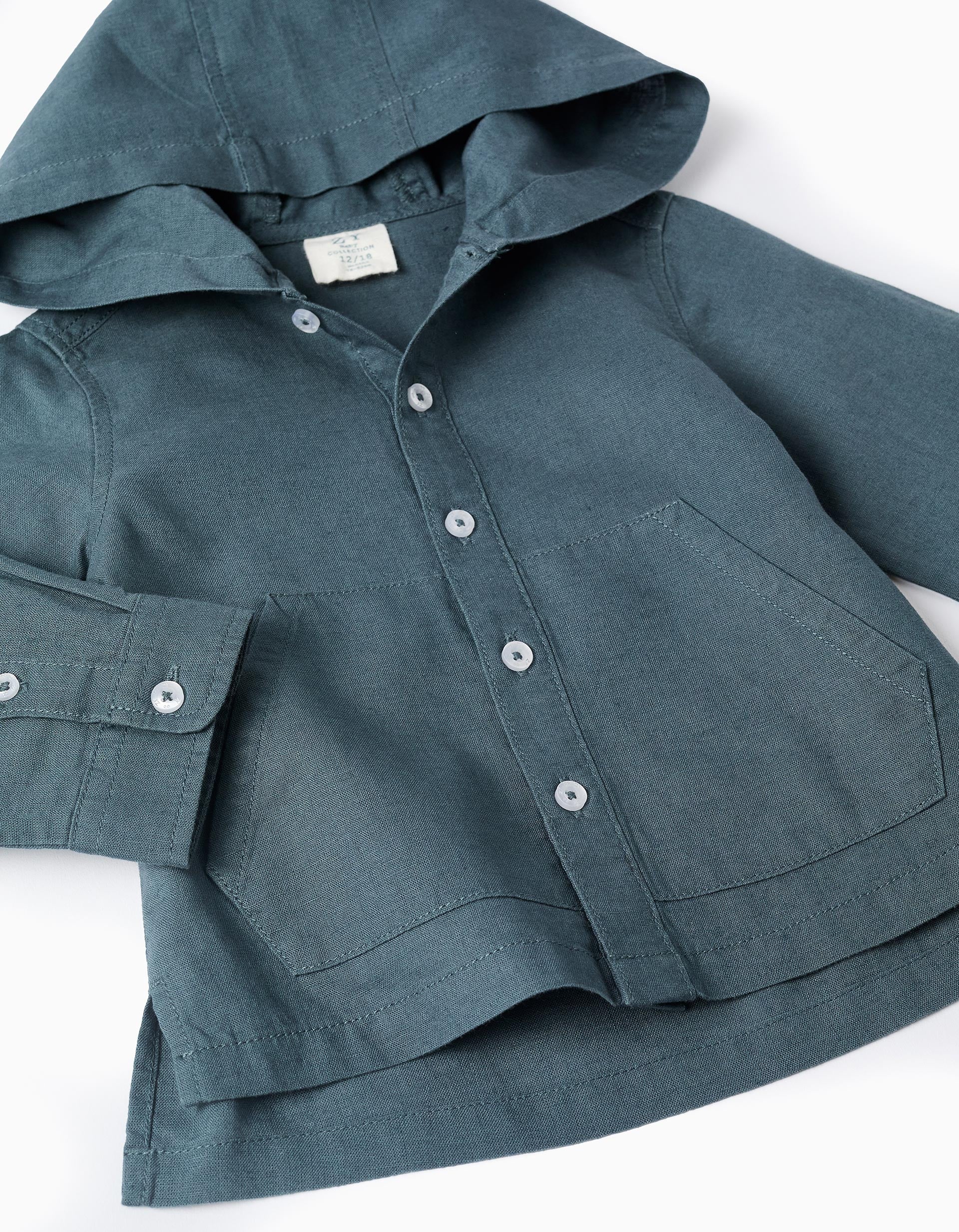 Camisa de manga comprida em linho com capuz para bebé menino, azul-cinza