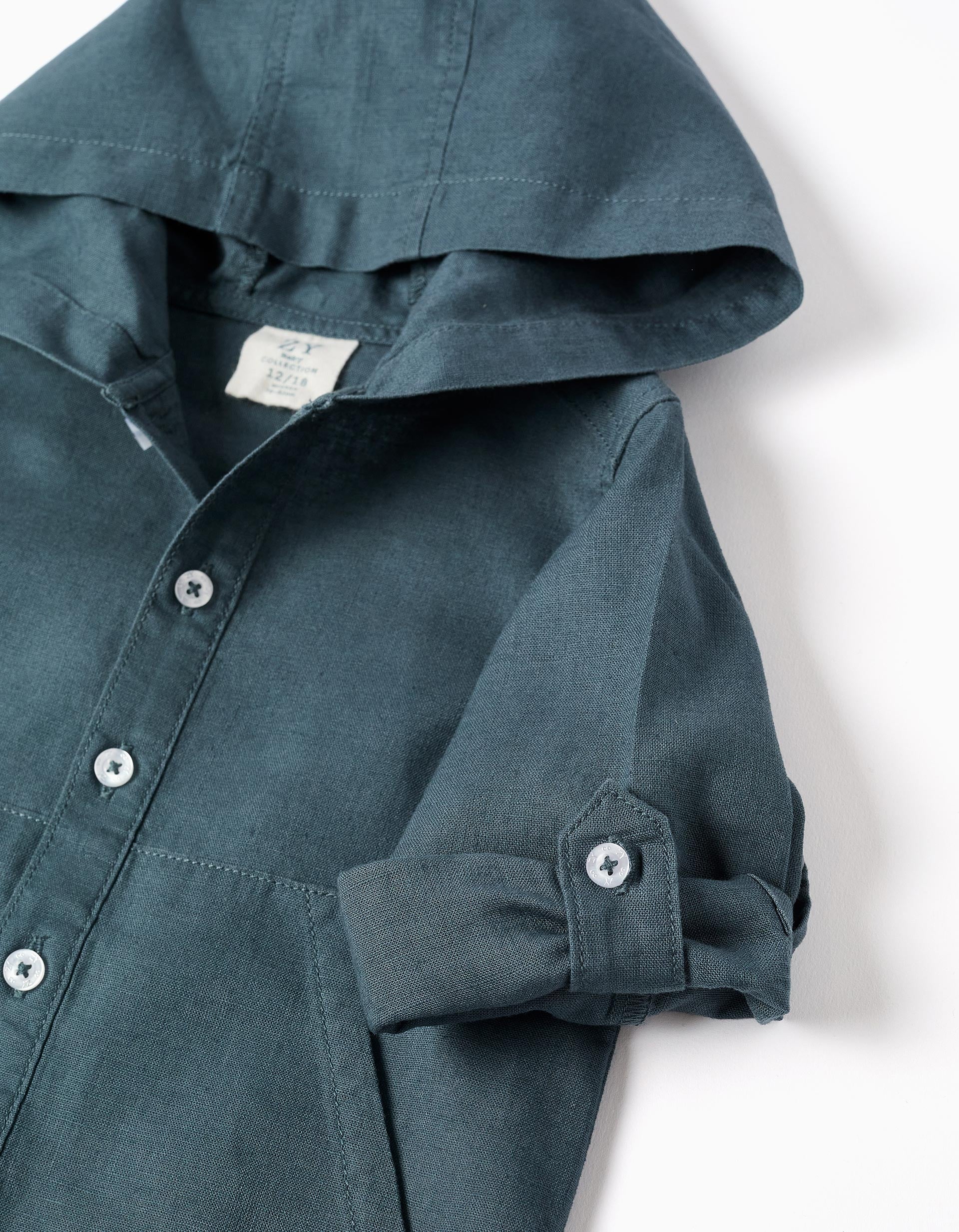 Camisa de manga comprida em linho com capuz para bebé menino, azul-cinza