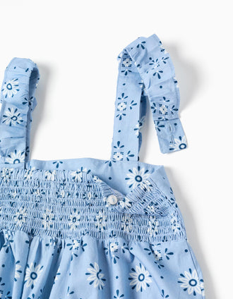 Sleeveless poplin dress with floral pattern for girls, light blue