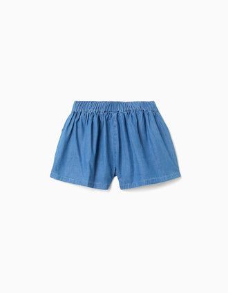 Cotton denim shorts with elastic waist and pockets for girls, blue
