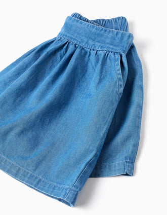 Cotton denim shorts with elastic waist and pockets for girls, blue