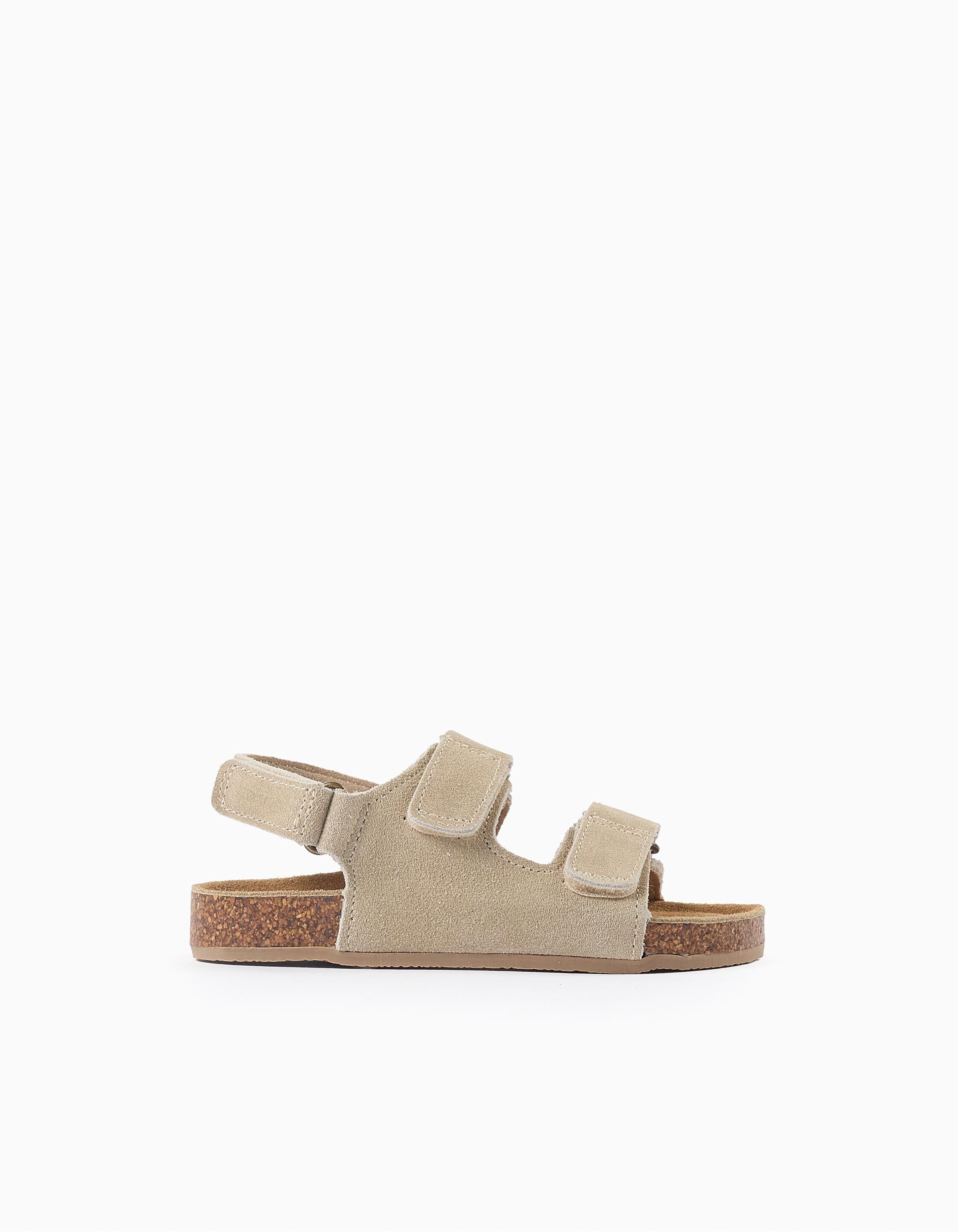 Suede footbed sandals with cork insole for baby boys, beige