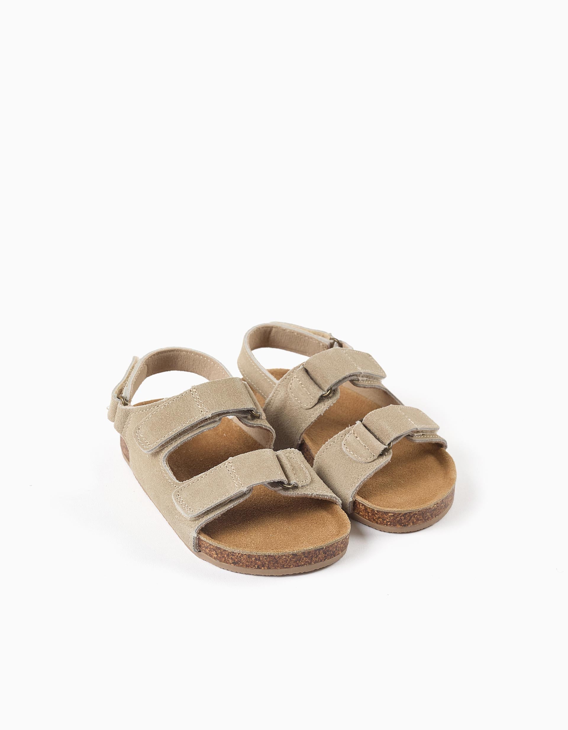 Suede footbed sandals with cork insole for baby boys, beige