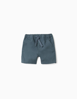 Midi linen and cotton shorts with drawstring for baby boys, blue-grey