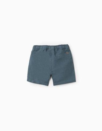 Midi linen and cotton shorts with drawstring for baby boys, blue-grey