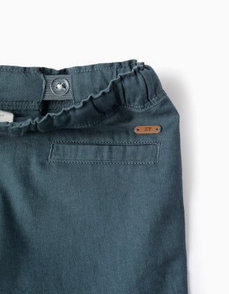 Midi linen and cotton shorts with drawstring for baby boys, blue-grey