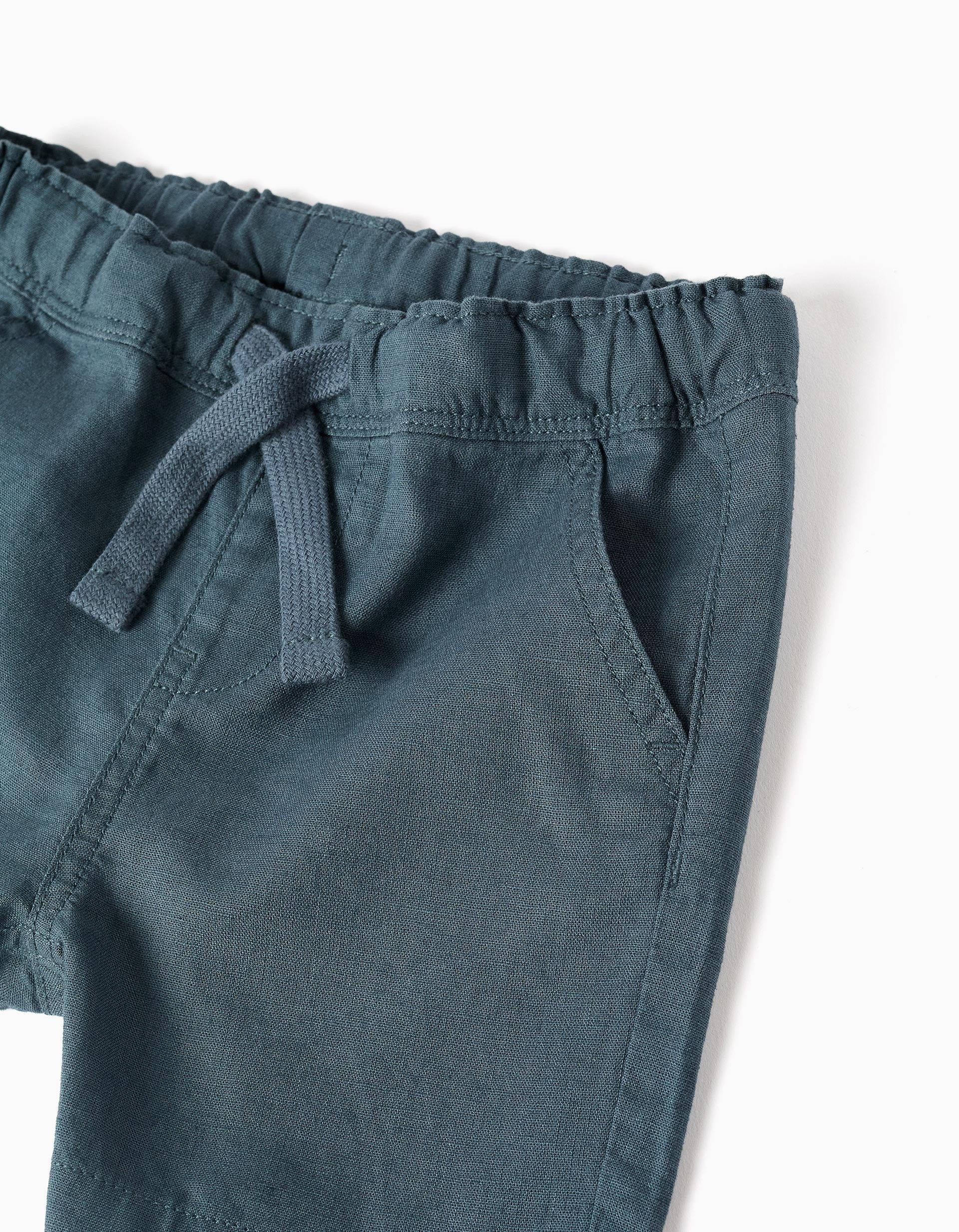 Calções midi em linho e algodão com cordão para bebé menino, azul-cinza