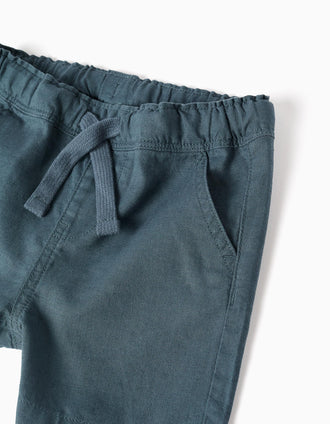 Midi linen and cotton shorts with drawstring for baby boys, blue-grey