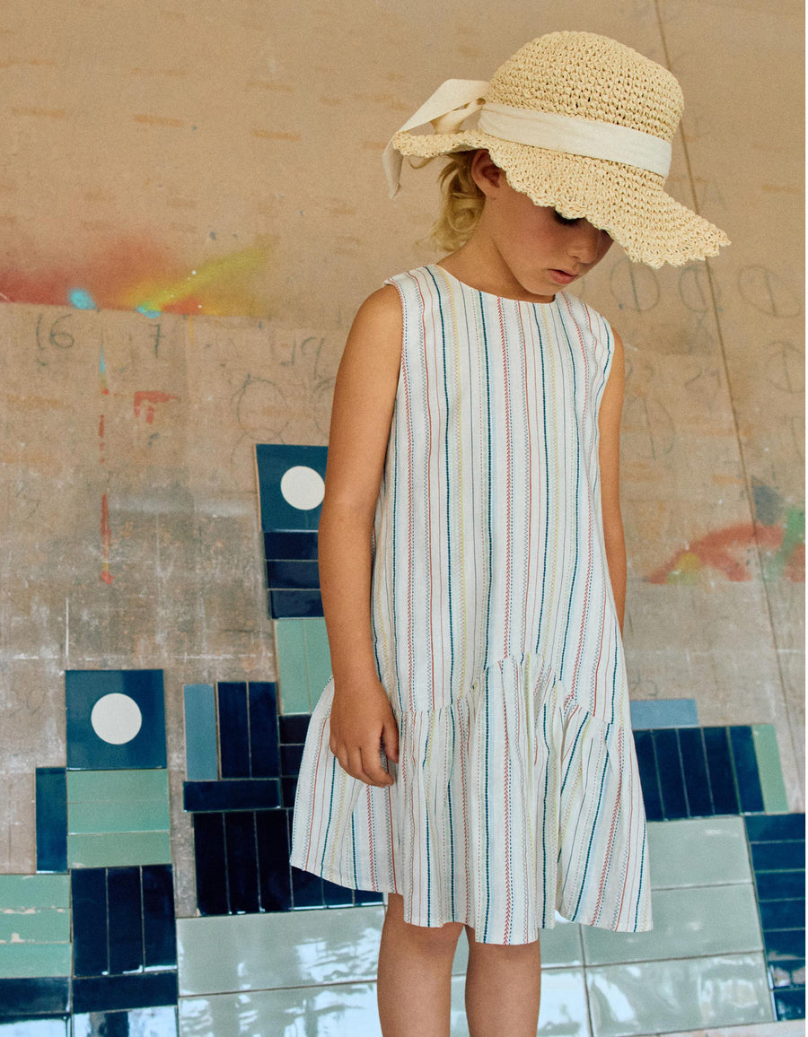 Sleeveless cotton dress with ethnic stripes B&S for girls, multicolour