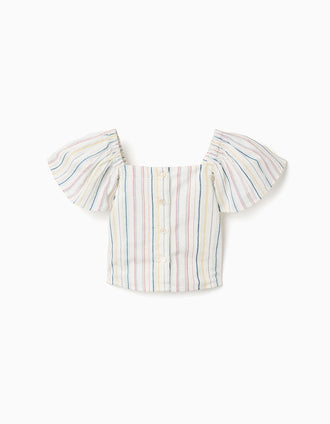 Cropped cotton blouse with ethnic stripes B&S for girls, multicolour