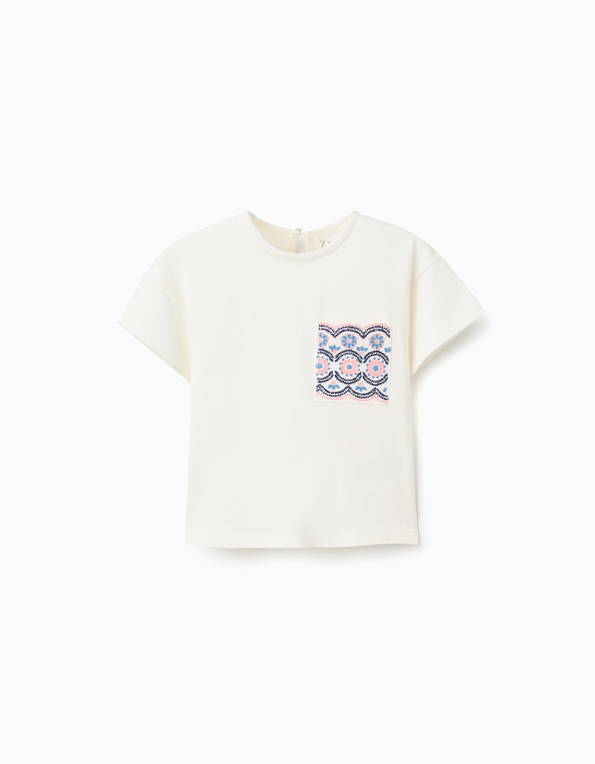 T-shirt en coton avec poche brodée pour bébé fille, blanc