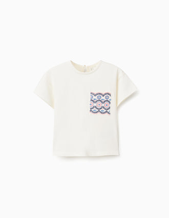Camiseta de algodón con bolsillo bordado para bebé niña, blanco