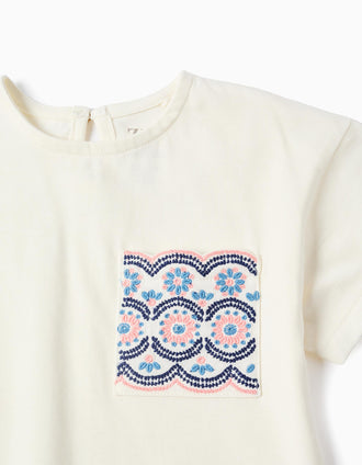 Camiseta de algodón con bolsillo bordado para bebé niña, blanco