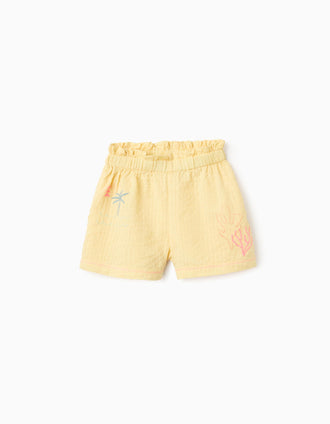 Cotton shorts with paperbag waist and embroidery for girls, yellow