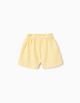 Cotton shorts with paperbag waist and embroidery for girls, yellow