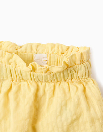 Cotton shorts with paperbag waist and embroidery for girls, yellow