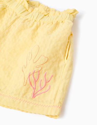 Cotton shorts with paperbag waist and embroidery for girls, yellow