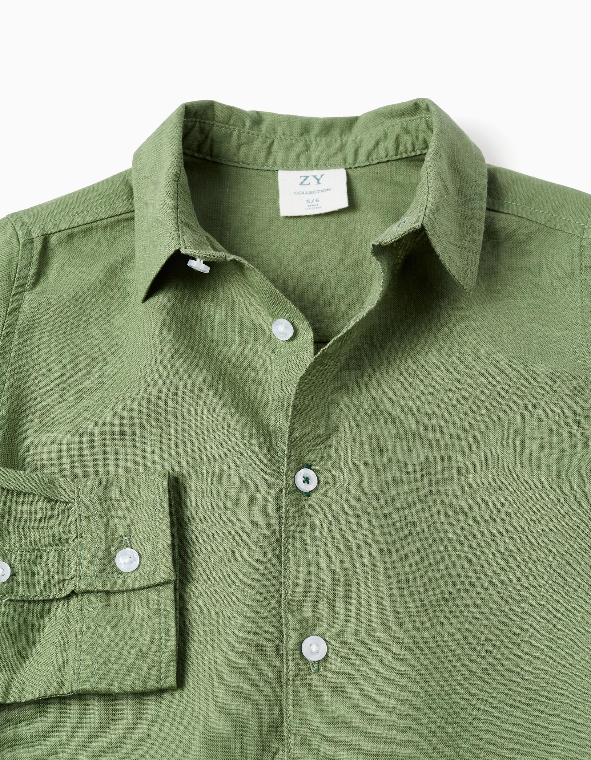 Camisa de manga comprida em linho para menino, verde