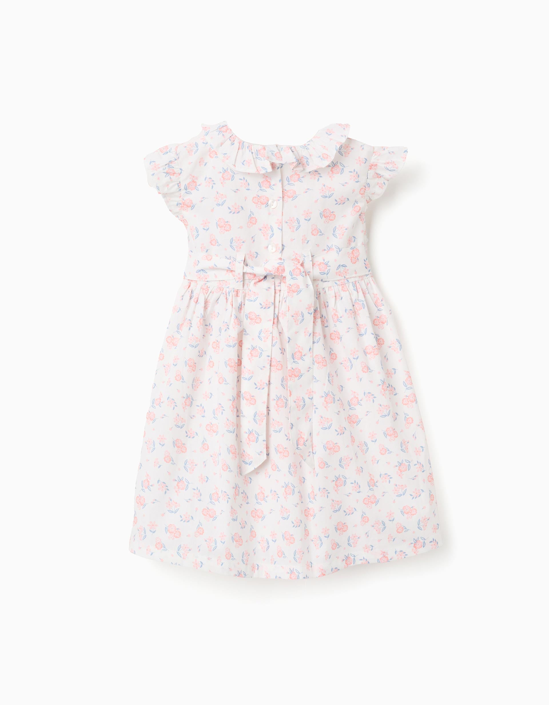 Vestido de popeline com motivo floral e folhos para bebé menina, branco