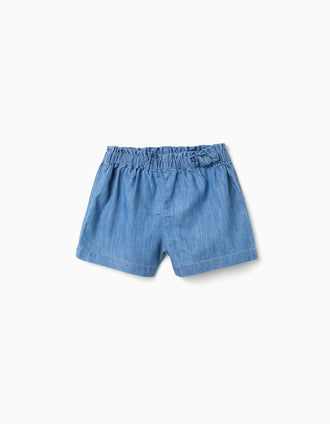 Denim paperbag shorts with decorative knot for baby girls, blue