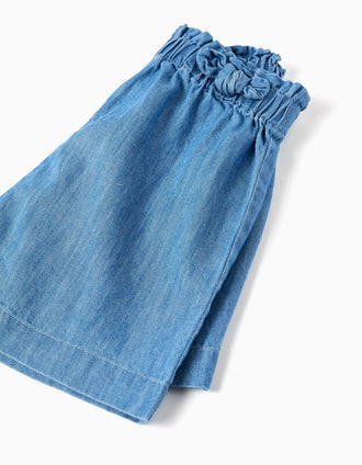 Denim paperbag shorts with decorative knot for baby girls, blue