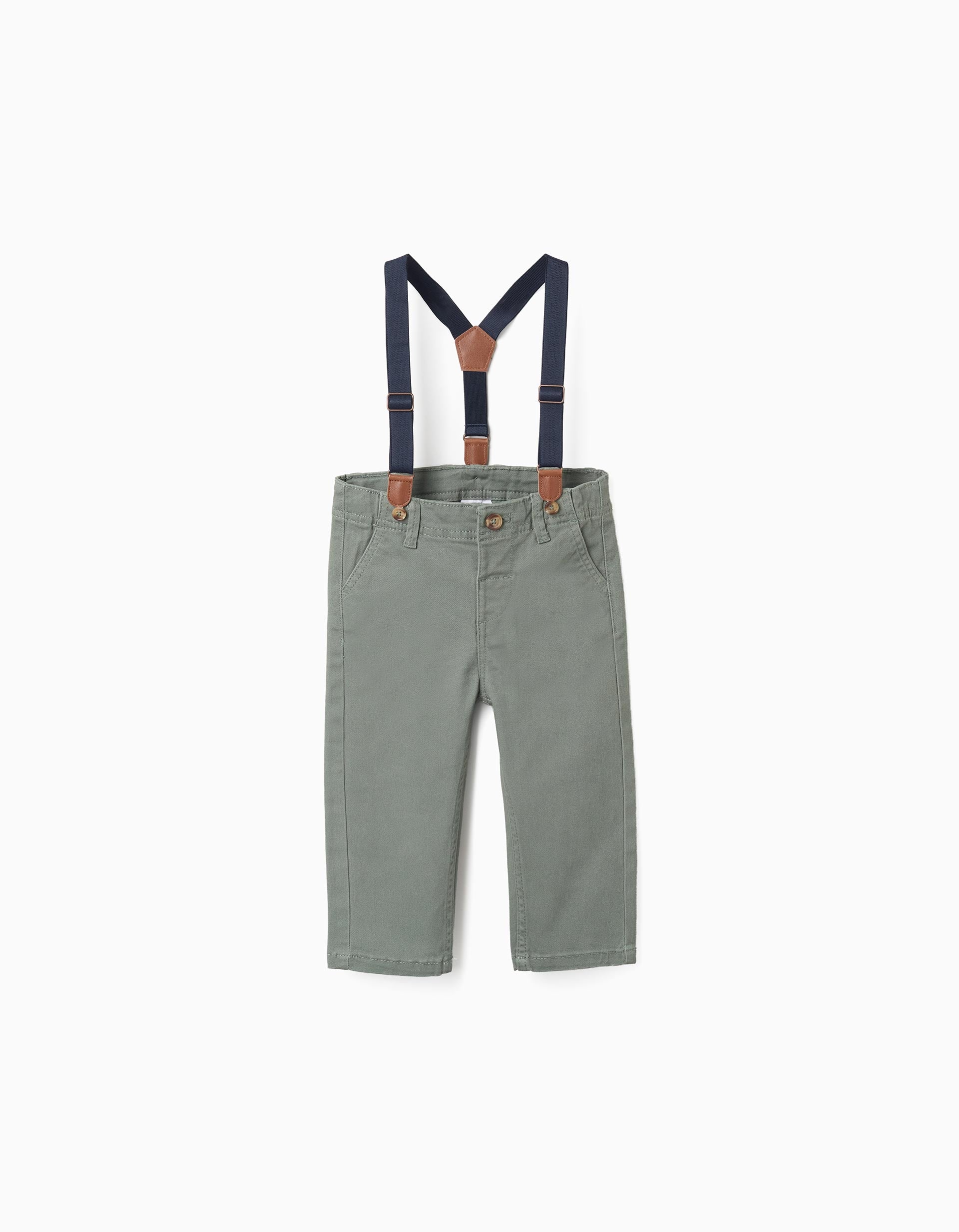 Twill trousers with removable braces for baby boys, dark green