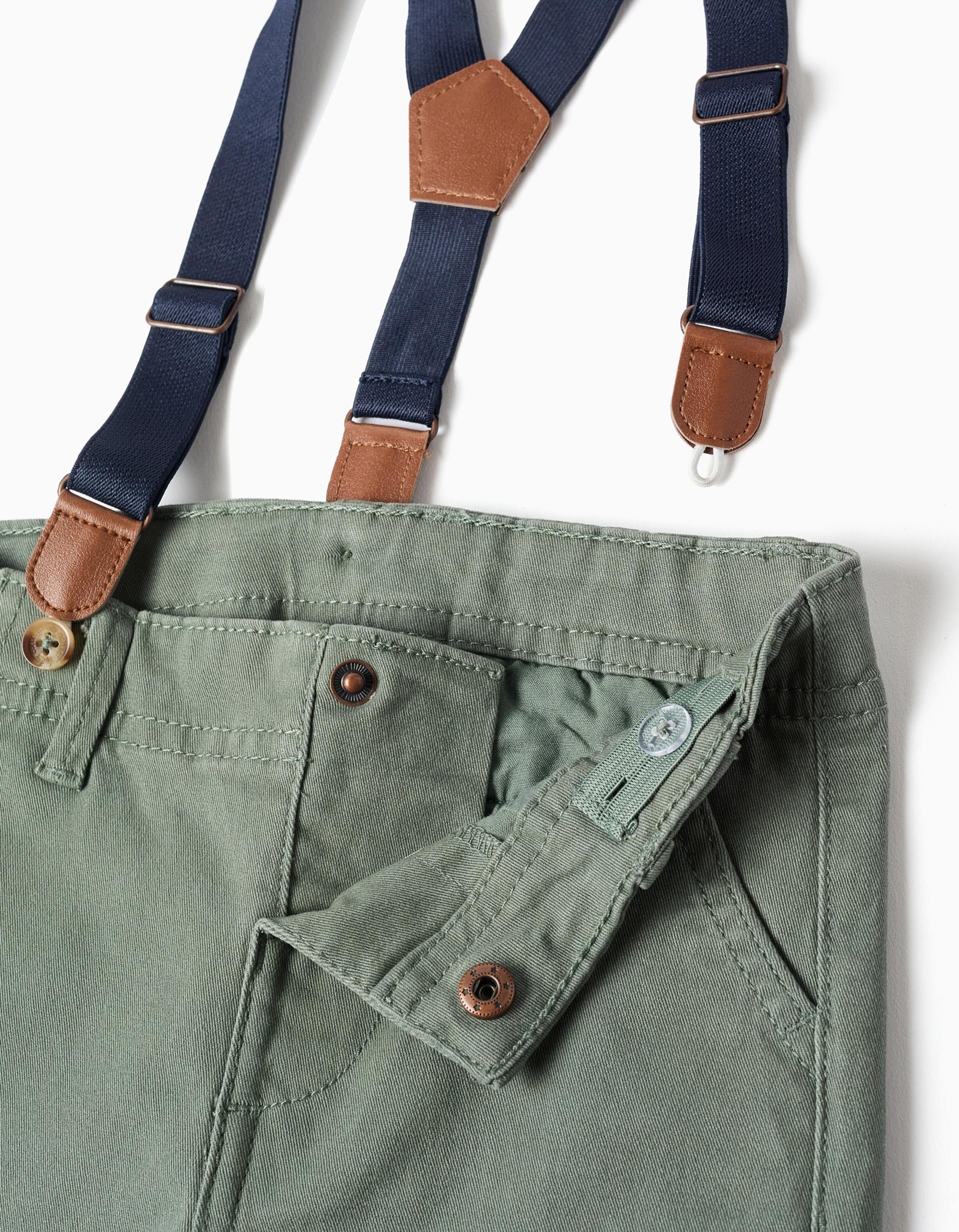 Twill trousers with removable braces for baby boys, dark green