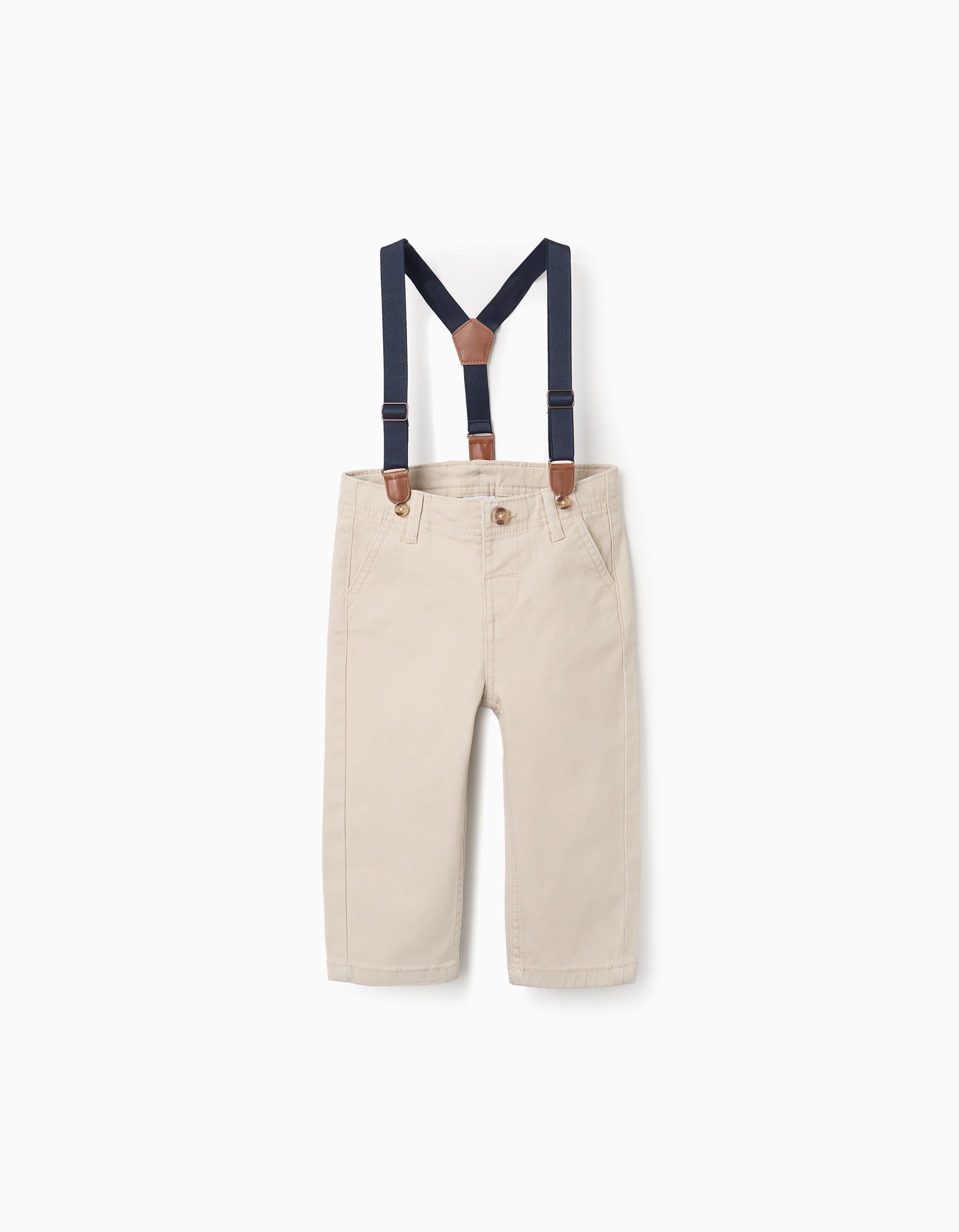 Pantalón de sarga con tirantes desmontables para bebé niño, beige claro