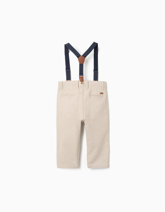 Pantalón de sarga con tirantes desmontables para bebé niño, beige claro
