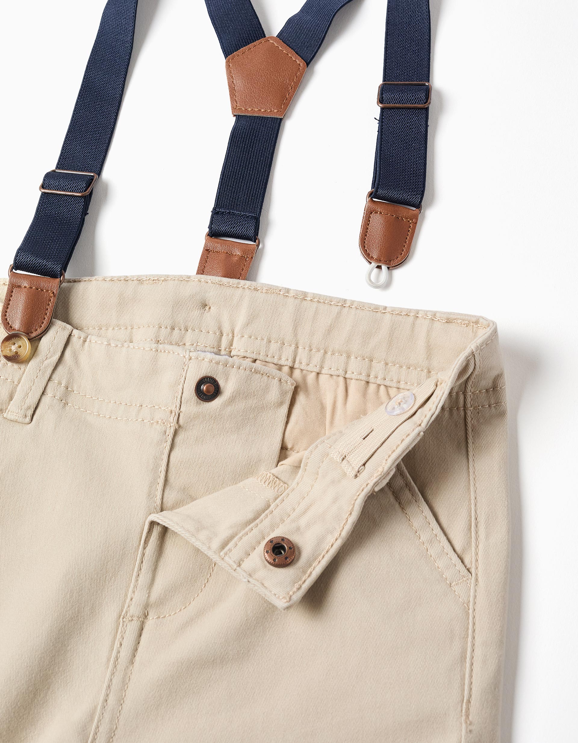 Pantalón de sarga con tirantes desmontables para bebé niño, beige claro