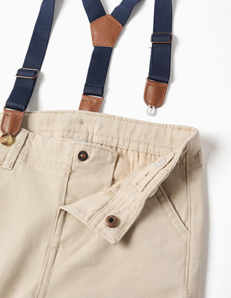 Pantalón de sarga con tirantes desmontables para bebé niño, beige claro