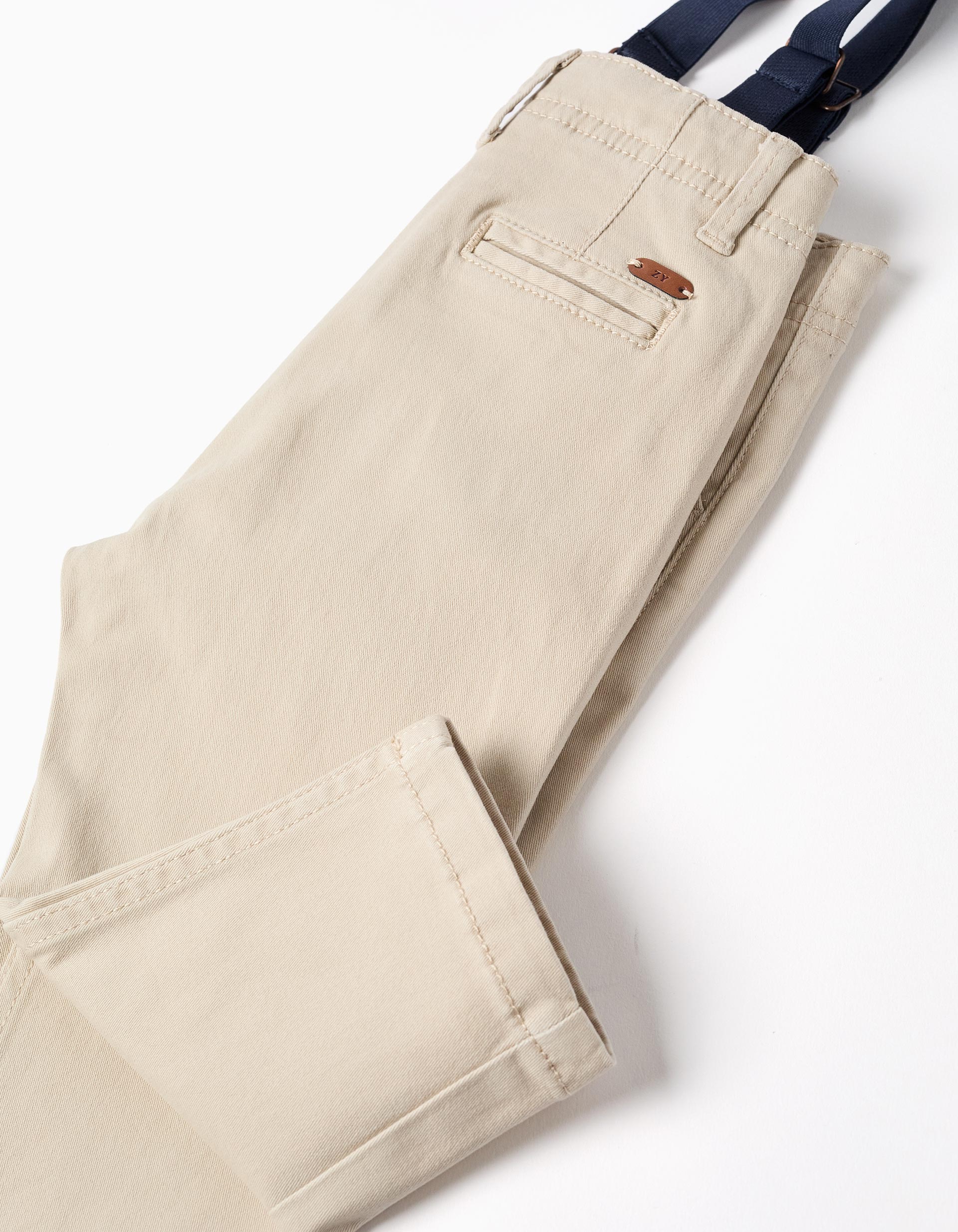 Pantalón de sarga con tirantes desmontables para bebé niño, beige claro