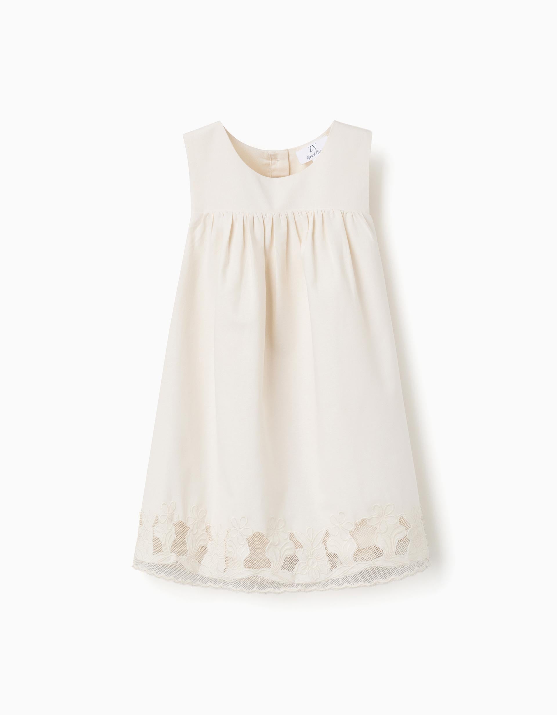 A-line sleeveless dress with embroidered flowers for baby girls, white
