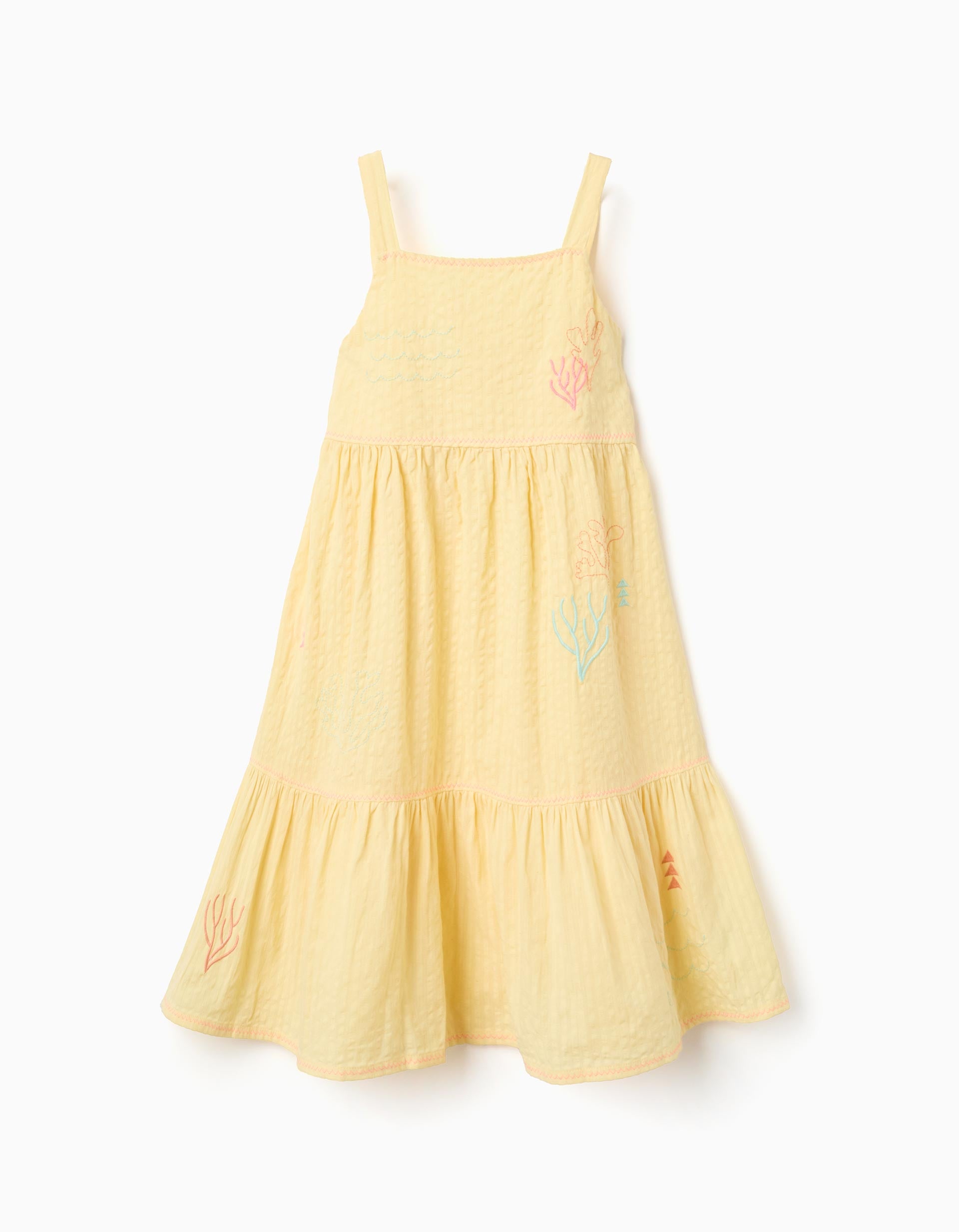 Sleeveless cotton dress with embroidered seaweed for girls, yellow