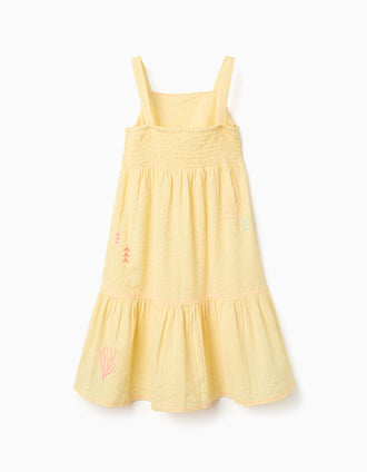 Sleeveless cotton dress with embroidered seaweed for girls, yellow