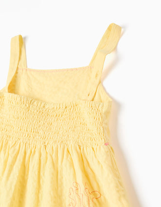 Sleeveless cotton dress with embroidered seaweed for girls, yellow