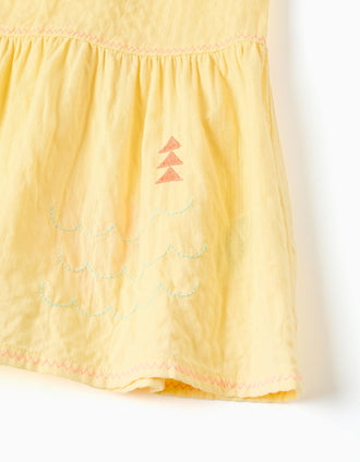 Sleeveless cotton dress with embroidered seaweed for girls, yellow