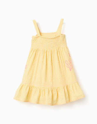 Sleeveless cotton dress with embroidered seaweed for baby girls, yellow