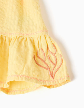 Sleeveless cotton dress with embroidered seaweed for baby girls, yellow