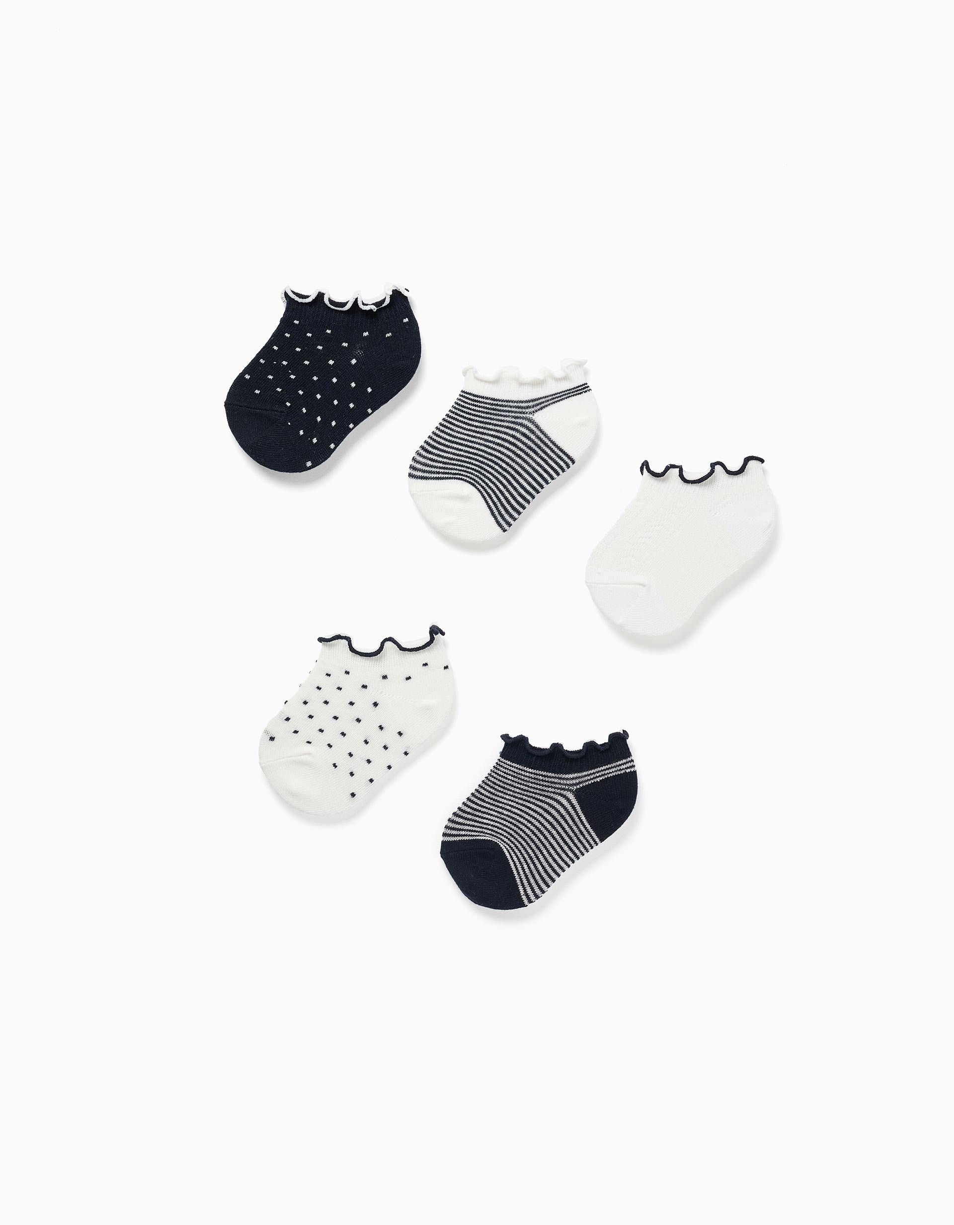 5 pairs of striped/dotted ankle socks for baby girls, white/dark blue