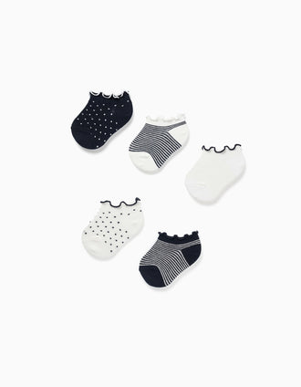 5 pairs of striped/dotted ankle socks for baby girls, white/dark blue
